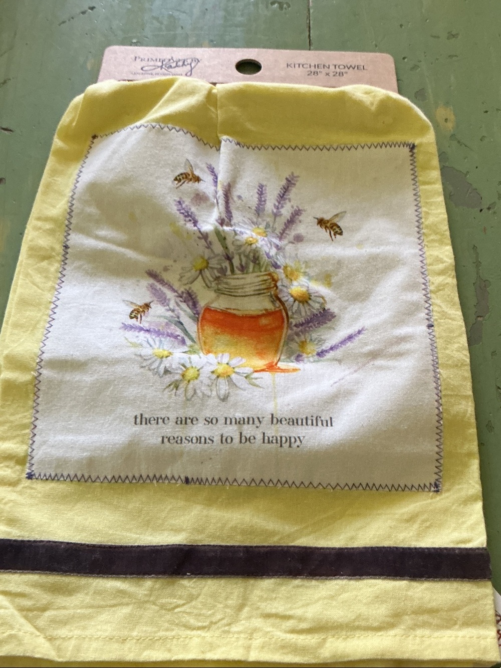 Primitives by Kathy Yellow Kitchen Towel with Floral Mason Jar and Bees - NWT